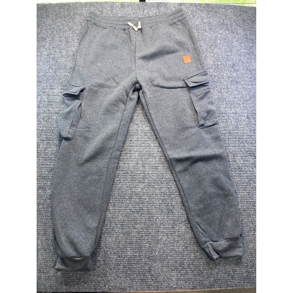 Charcoal Gray Fleece Lined Cargo Sweatpants Joggers XXL 36x30 Drawstring Utility